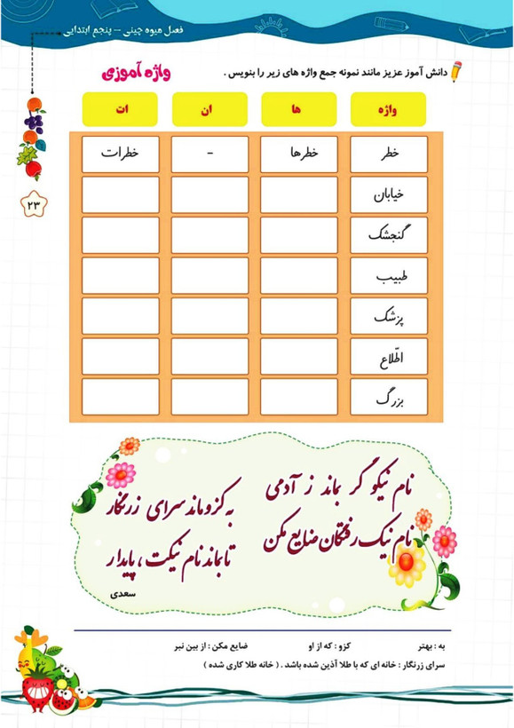 کتاب تابستانه «فصل میوه چینی» کلاس پنجم(ورودی ششم)